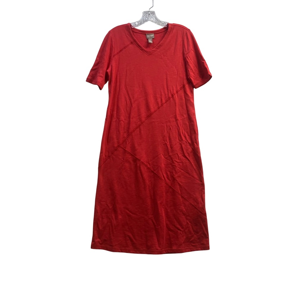 Chicos Red V-Neck Asymmetrical Seam Cotton Modal T-Shirt Midi Dress Size 0 Small